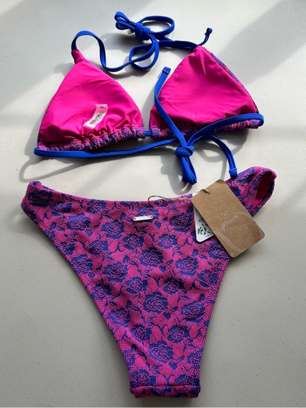 Berlook Bikini Set Pink Rose Floral Jacquard Triangle Top Small Swimwear - Picture 2 of 10